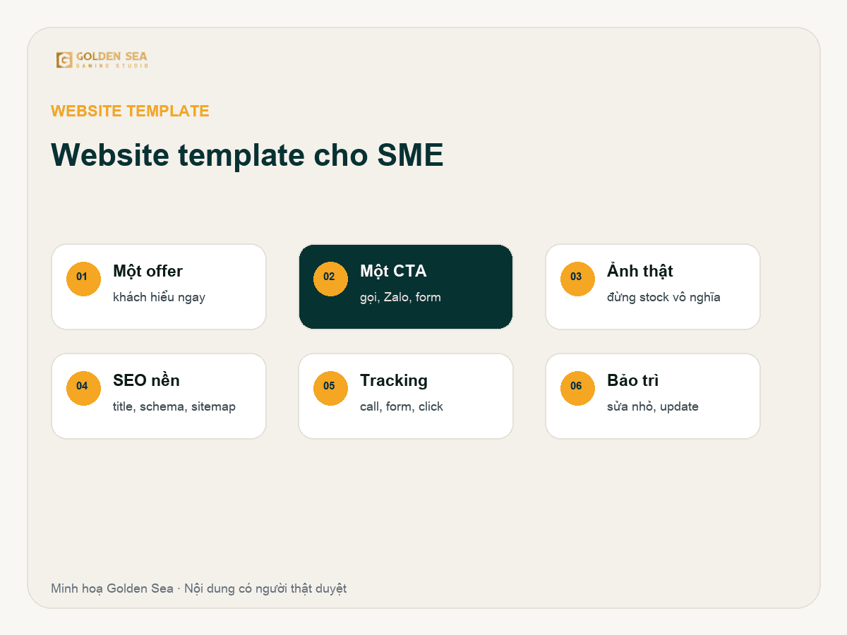 Checklist website template cho SME cần có offer CTA ảnh thật SEO nền tracking và bảo trì