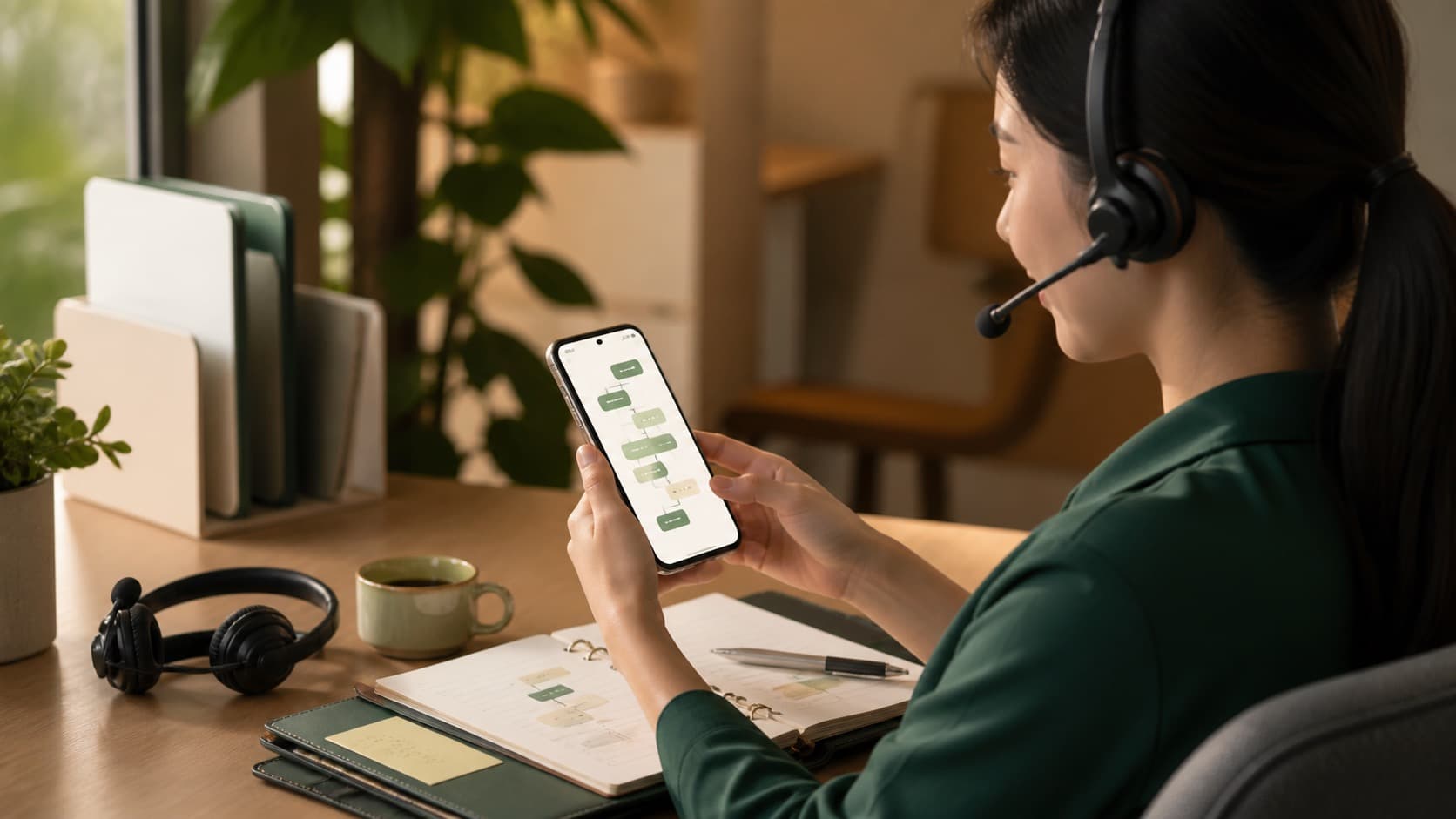 Điện thoại hiển thị hội thoại chăm sóc khách hàng bên cạnh sổ ghi chú quy trình