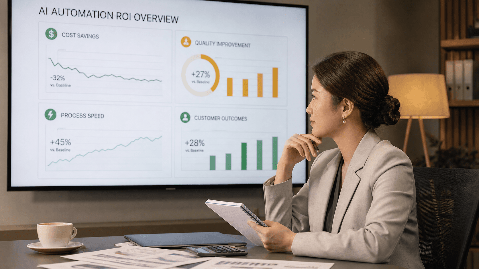 Dashboard ROI AI Automation với chỉ số chi phí, tốc độ, chất lượng và khách hàng
