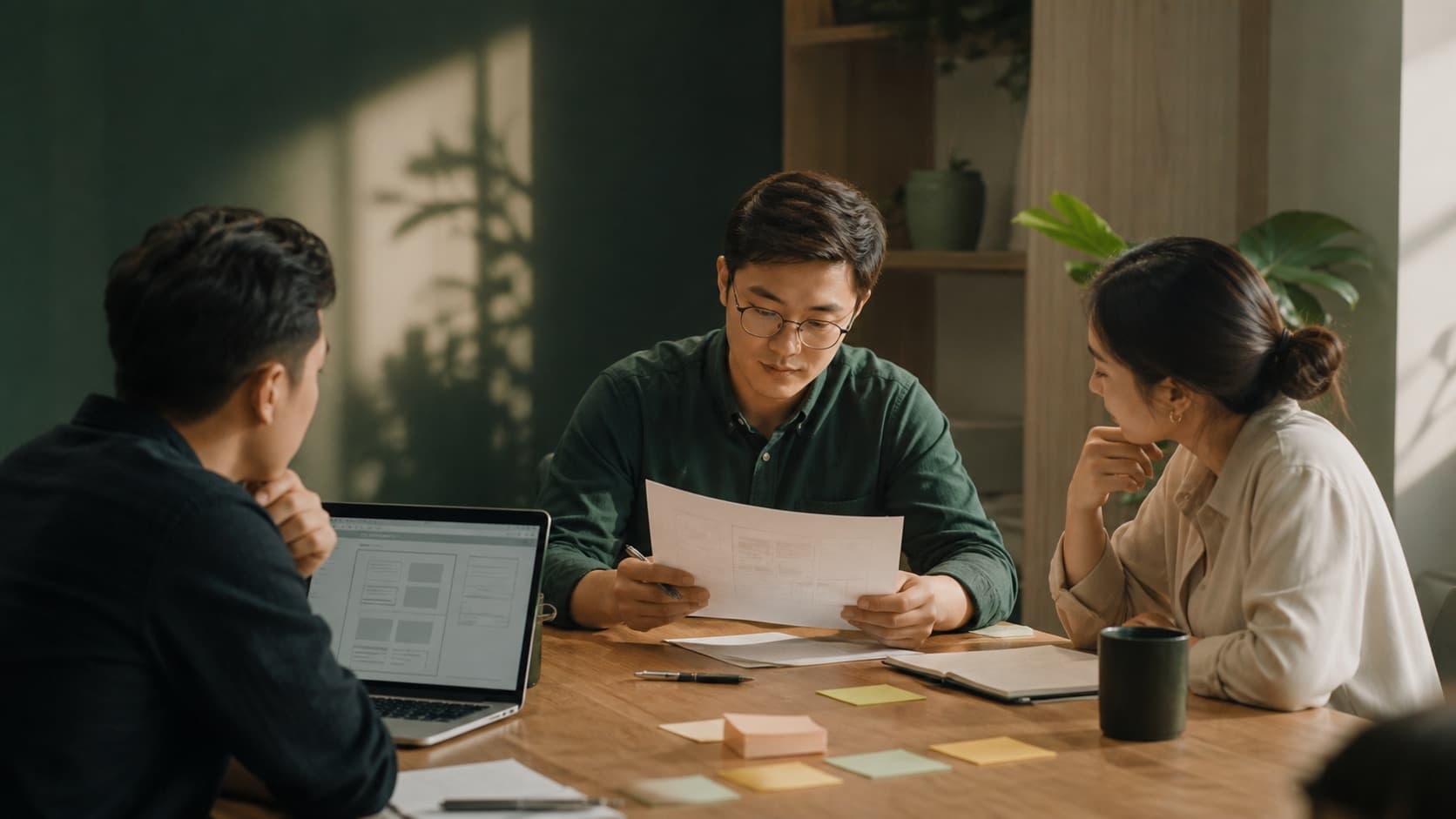 Một nhóm kỹ thuật rà scope phần mềm trên màn hình lớn trước khi báo giá outsourcing