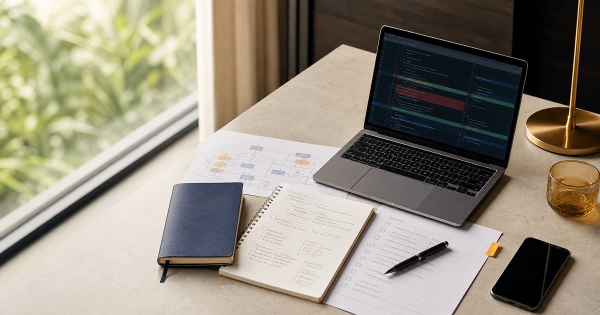 Bàn làm việc đánh giá dự án outsourcing với laptop code review, sơ đồ kiến trúc và checklist kỹ thuật
