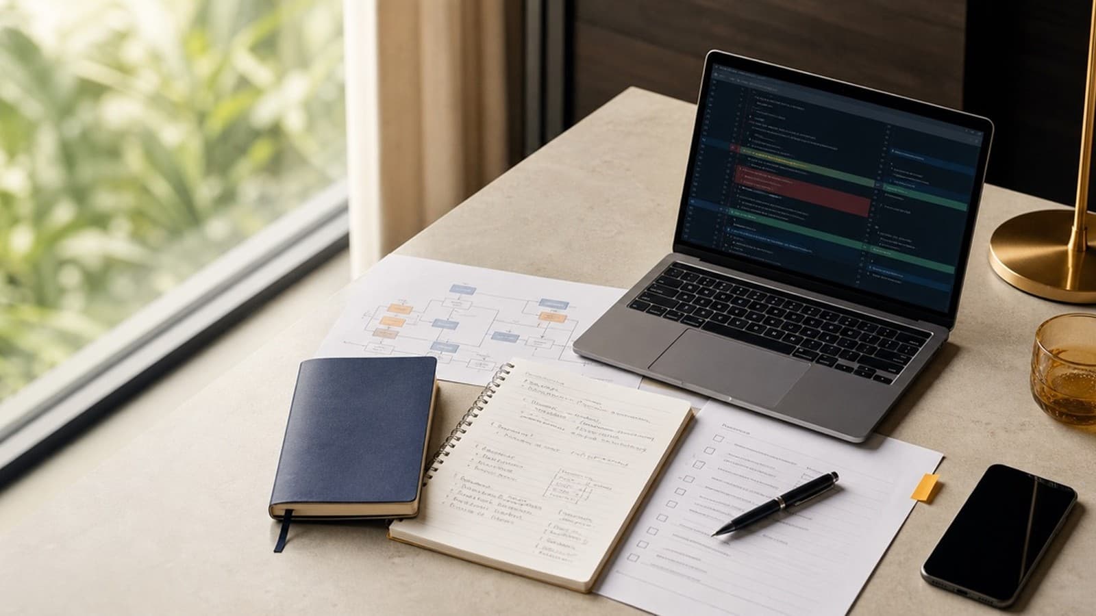 Bàn làm việc với laptop, checklist và sơ đồ phạm vi, phù hợp bài đánh giá dịch vụ thiết kế website giá rẻ cho SME