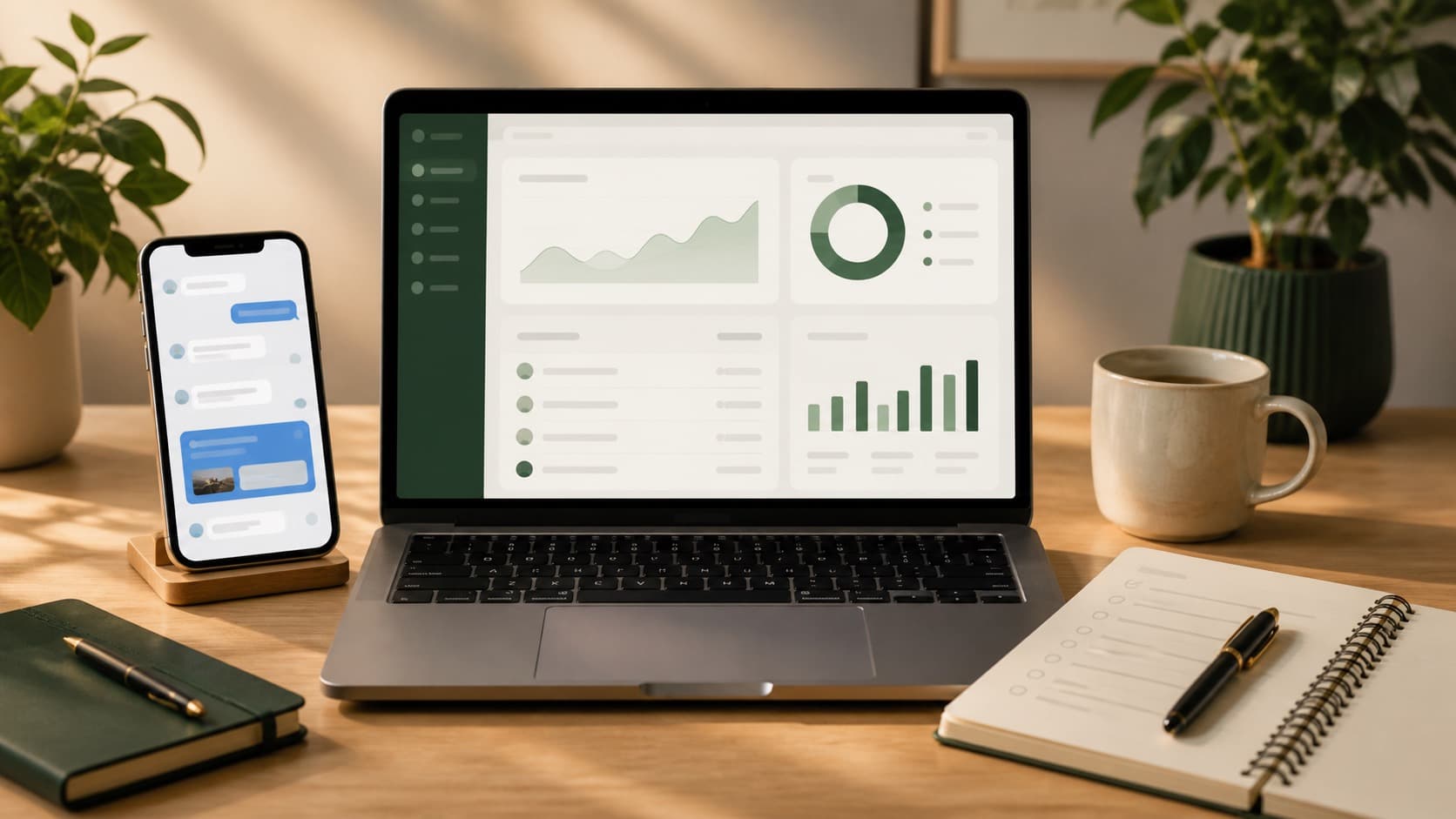 Màn hình quản lý lead đa kênh với điện thoại và laptop trên bàn làm việc