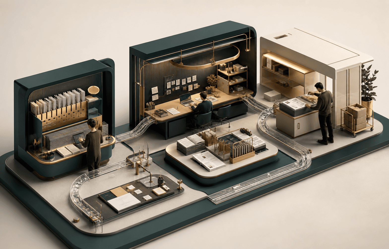 Mô hình 3D hệ thống AI Operations kết nối đầu vào, sản xuất và bàn giao